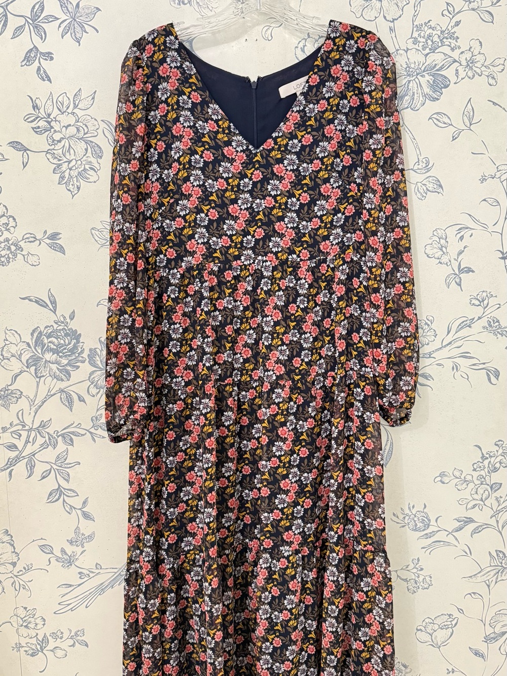 LOFT Black Floral Long Sleeve Midi Dress